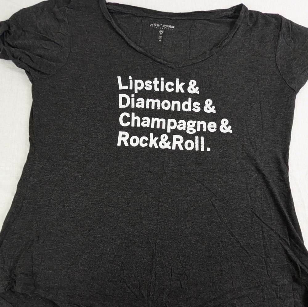 Betsey Johnson Charcoal Gray Graphic Tee with White Text